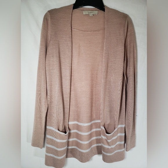 Loft Tan and White Cardigan With Pockets Sz S - Picture 2 of 12